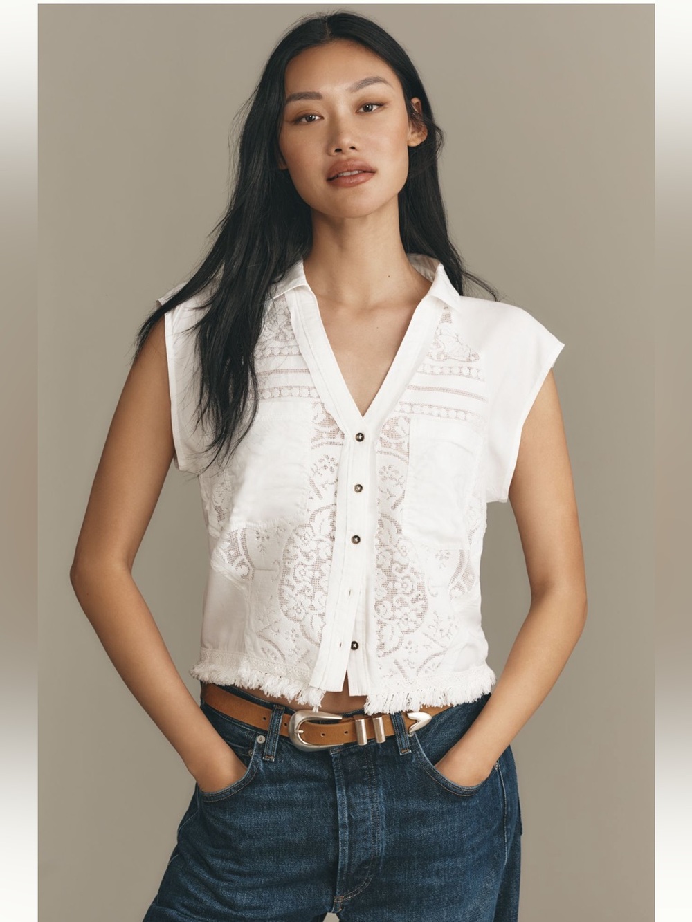 NWT Pilcro by Anthropologie Sleeveless Button-Front Lace Blouse Size L | white